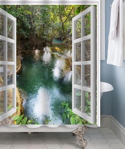 3D Spring Rainforest Nature Window Opening Shower Curtain With Waterfall Scenery