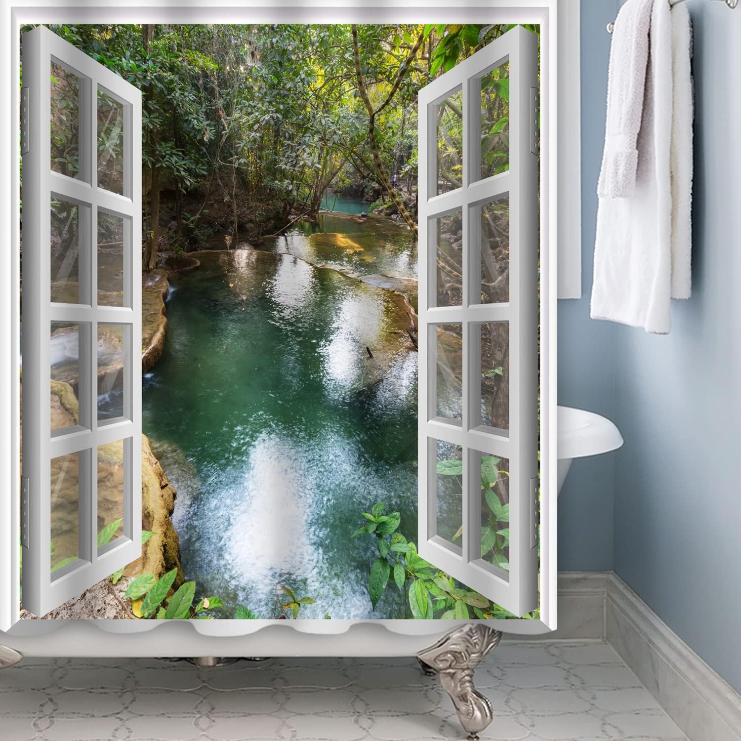 3D Spring Rainforest Nature Window Opening Shower Curtain With Waterfall Scenery