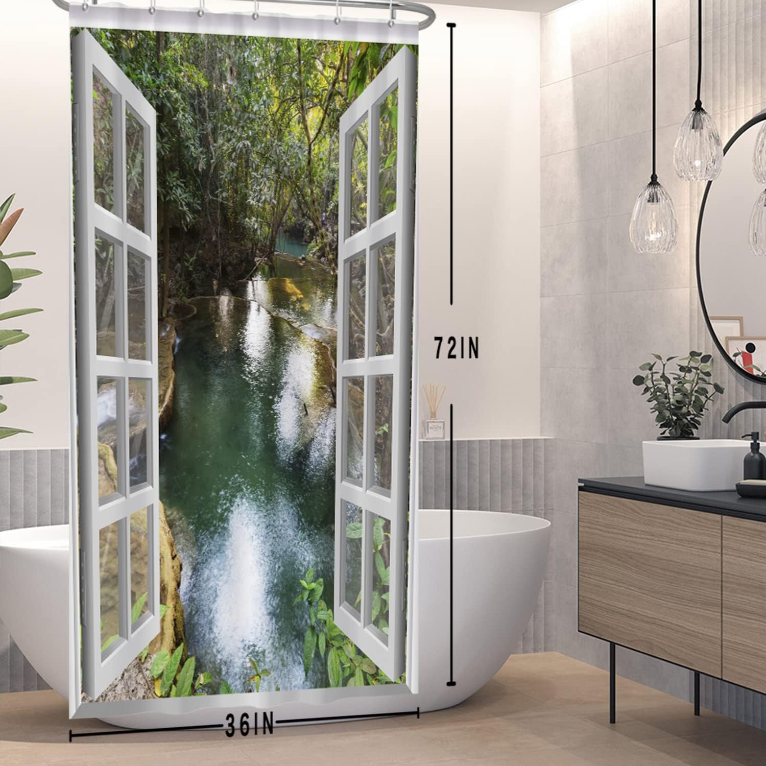 3D Spring Rainforest Nature Window Opening Shower Curtain With Waterfall Scenery - Image 2
