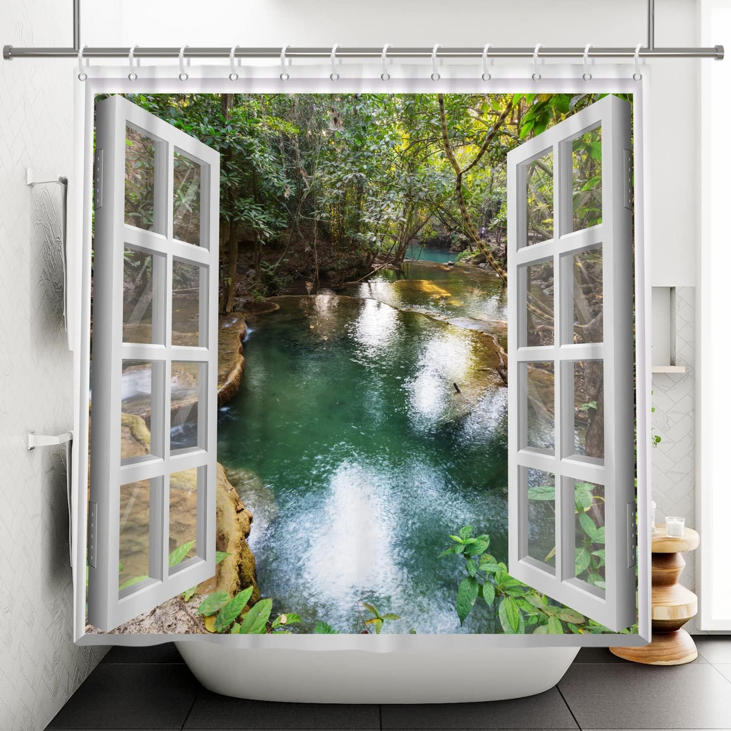 3D Spring Rainforest Nature Window Opening Shower Curtain With Waterfall Scenery - Image 3