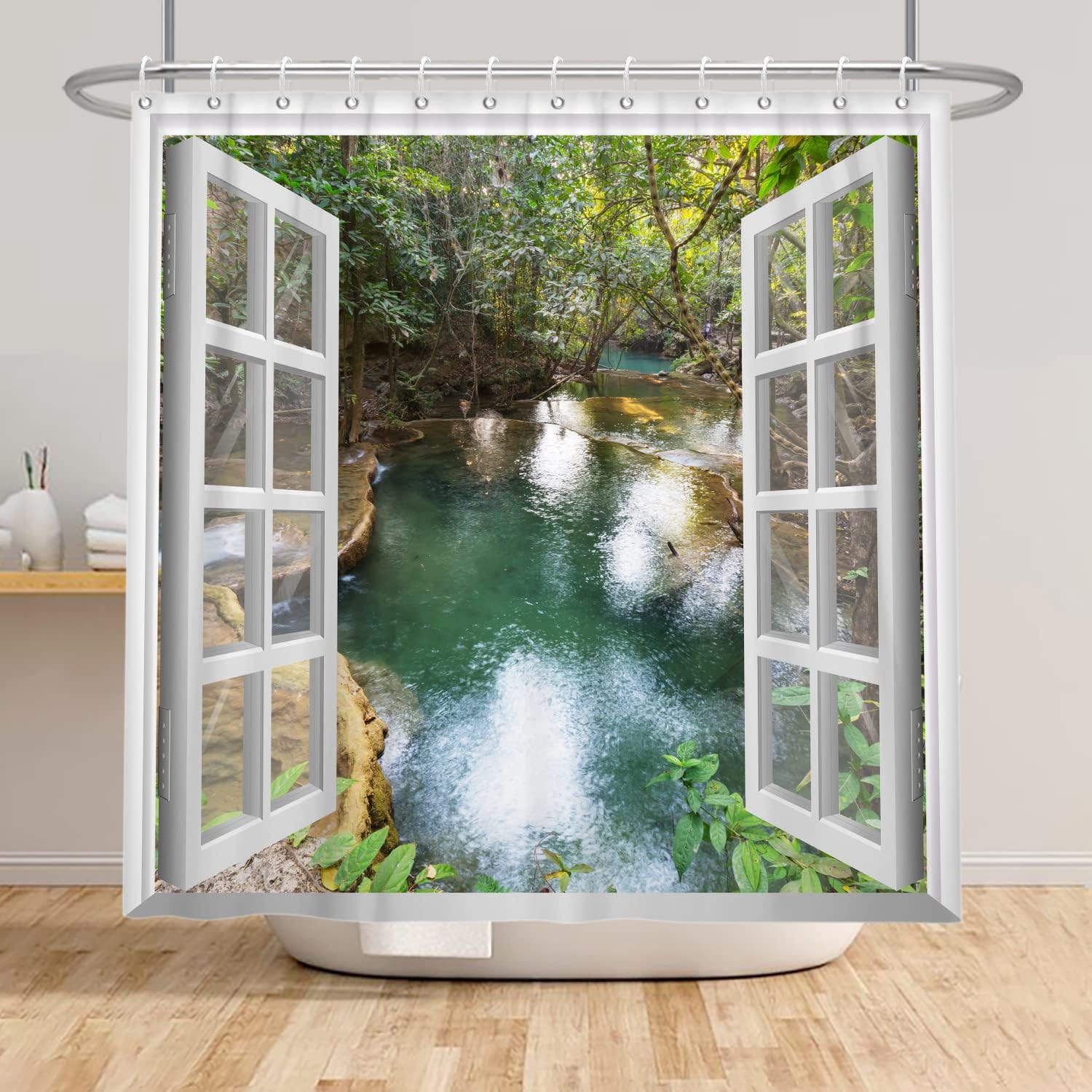 3D Spring Rainforest Nature Window Opening Shower Curtain With Waterfall Scenery - Image 4