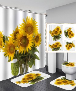 3D Sunflower Shower Curtain - Waterproof Fabric Bathroom Decor with BathMat