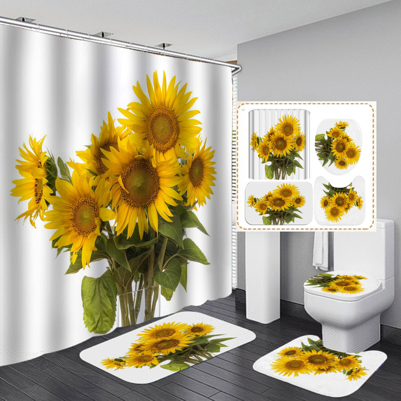 3D Sunflower Shower Curtain - Waterproof Fabric Bathroom Decor with BathMat