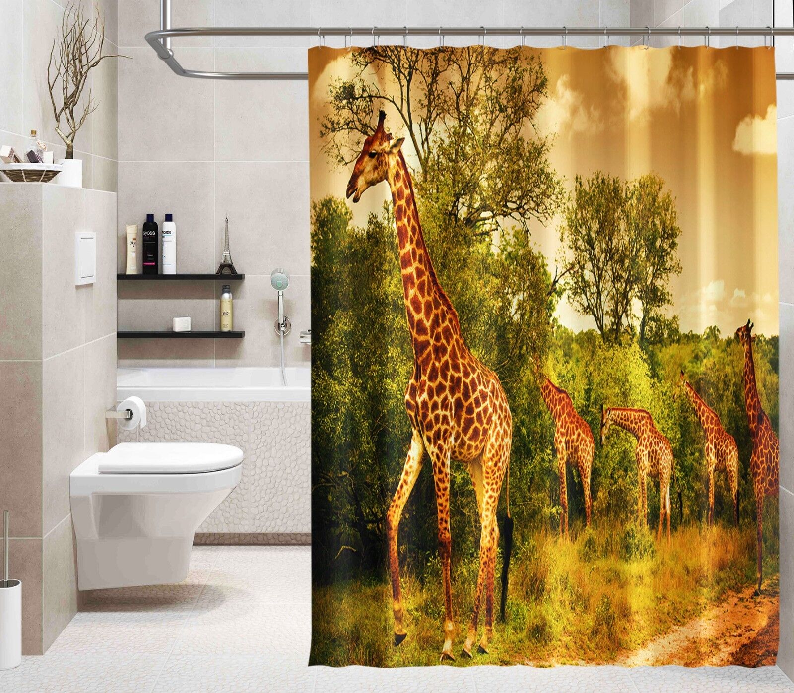 3D Tree Giraffe Shower Curtain With Waterproof Fiber For A Nature-Inspired Bathroom