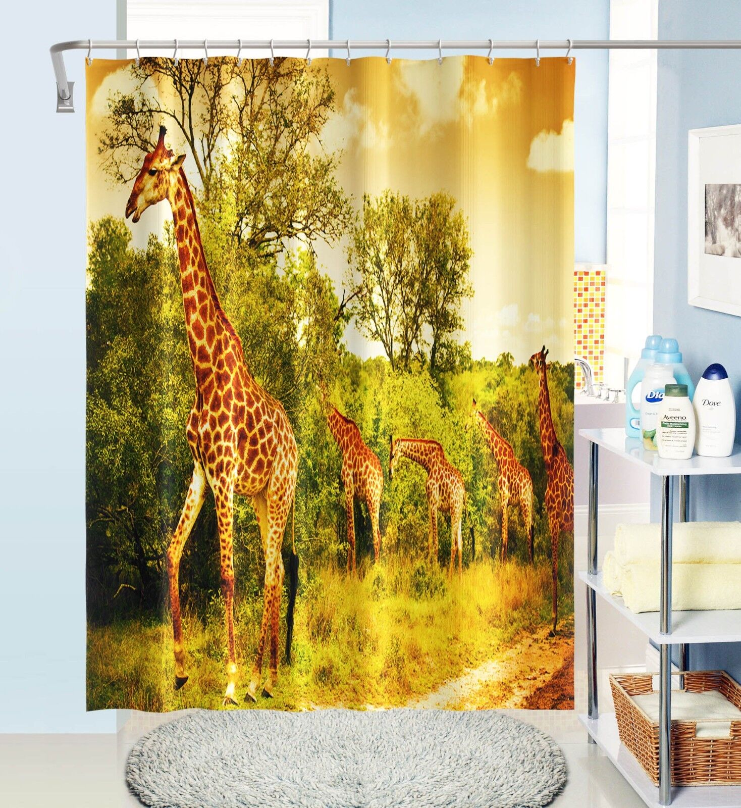 3D Tree Giraffe Shower Curtain With Waterproof Fiber For A Nature-Inspired Bathroom - Image 2