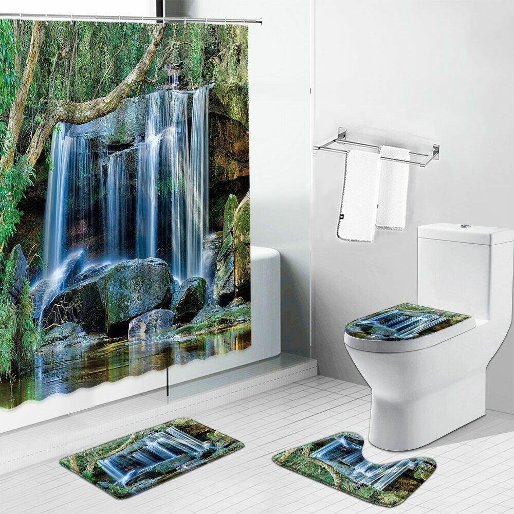 3D Waterfall Forest Jungle Nature Scenery Shower Curtain Bathroom Set