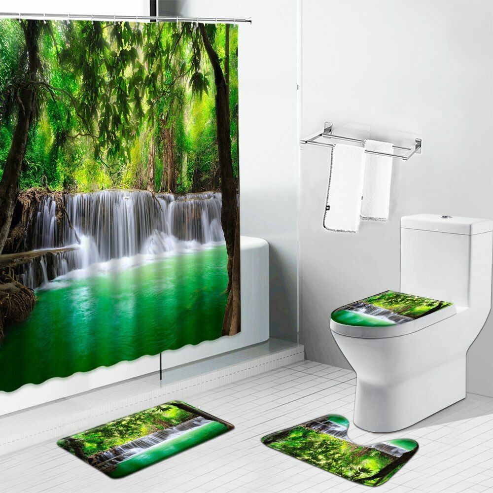 3D Waterfall Forest Jungle Nature Scenery Shower Curtain Bathroom Set - Image 2