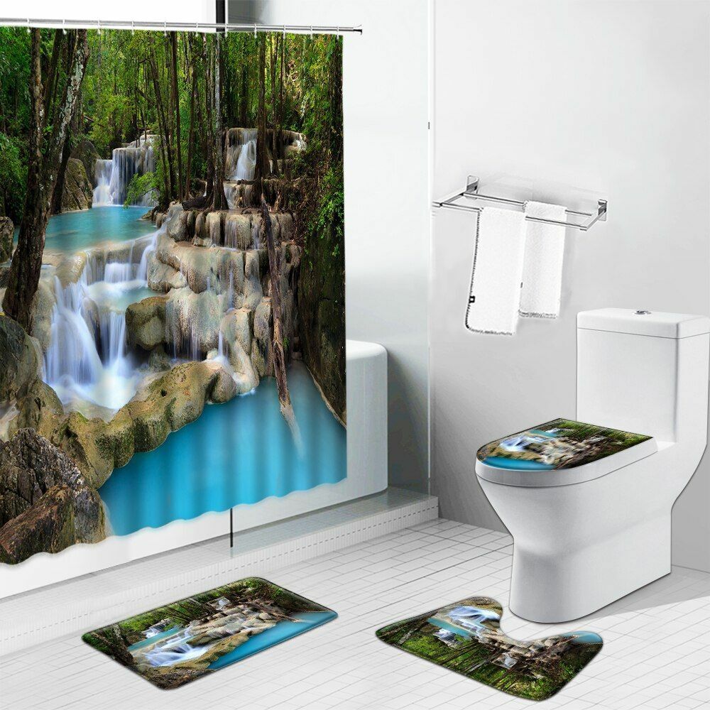 3D Waterfall Forest Jungle Nature Scenery Shower Curtain Bathroom Set - Image 3