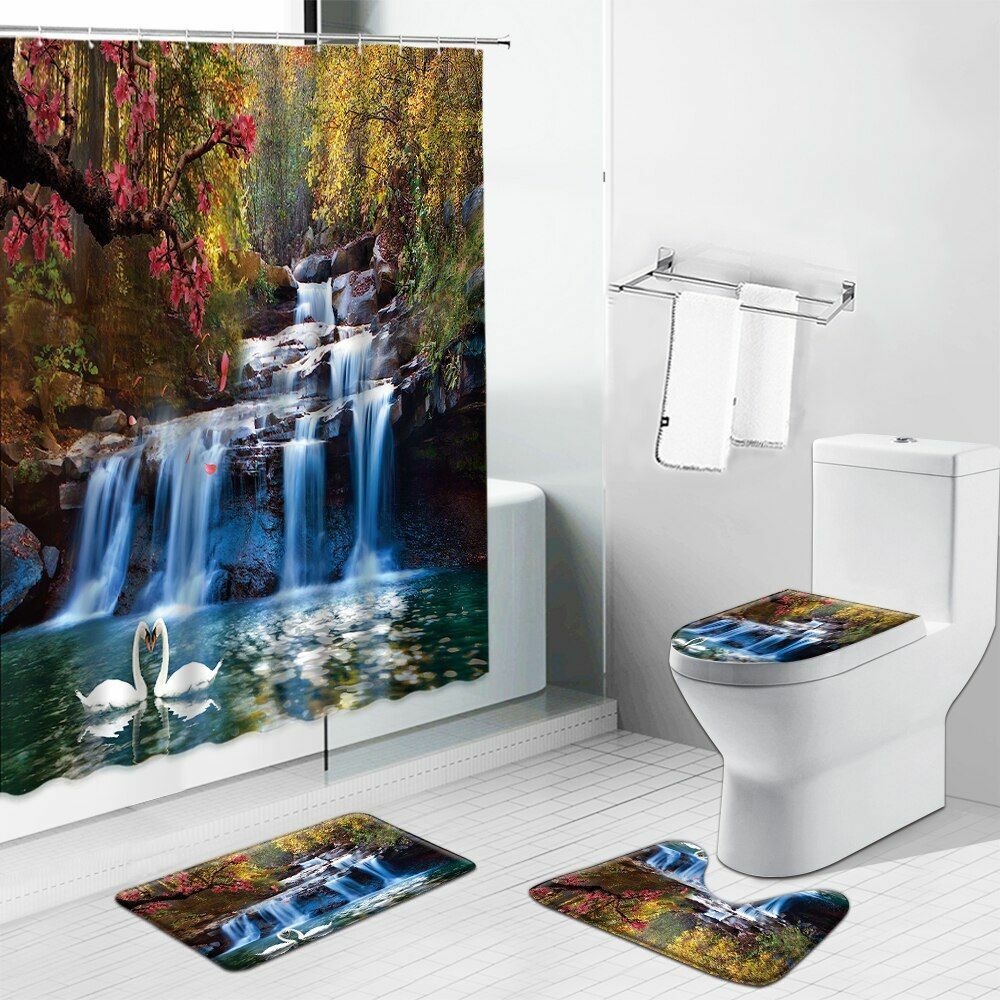 3D Waterfall Forest Jungle Nature Scenery Shower Curtain Bathroom Set - Image 4