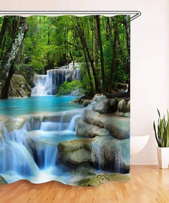 3D Waterfall Forest Landscape Shower Curtain For Natural Bathroom Decor