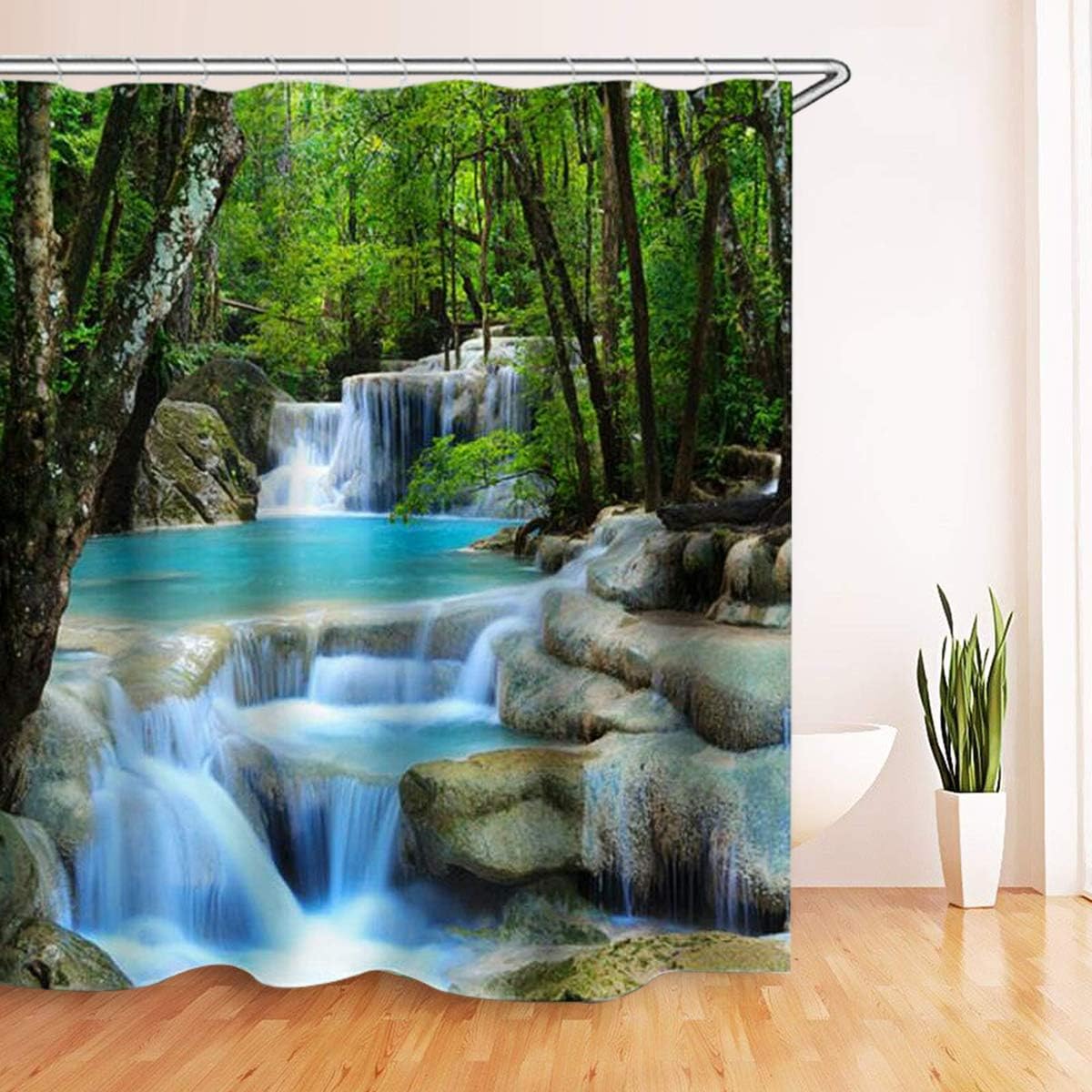3D Waterfall Forest Landscape Shower Curtain For Natural Bathroom Decor