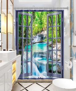 3D Waterfall Landscape Shower Curtain with Scenic Nature View for a Spa-like Shower Experience
