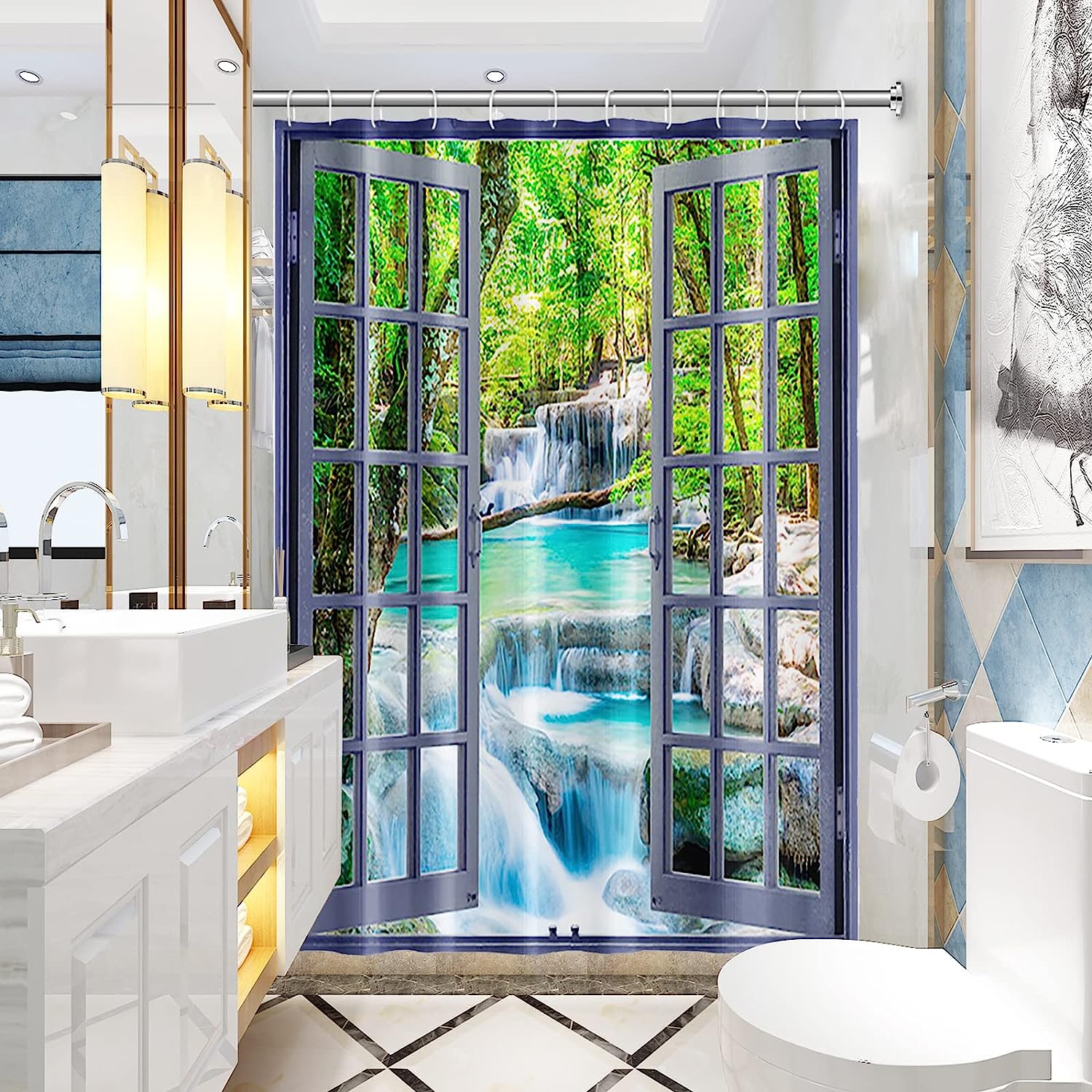 3D Waterfall Landscape Shower Curtain with Scenic Nature View for a Spa-like Shower Experience