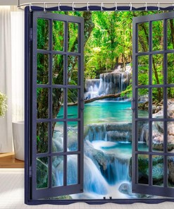3D Waterfall Landscape Shower Curtain with Scenic Nature View for a Spa-like Shower Experience