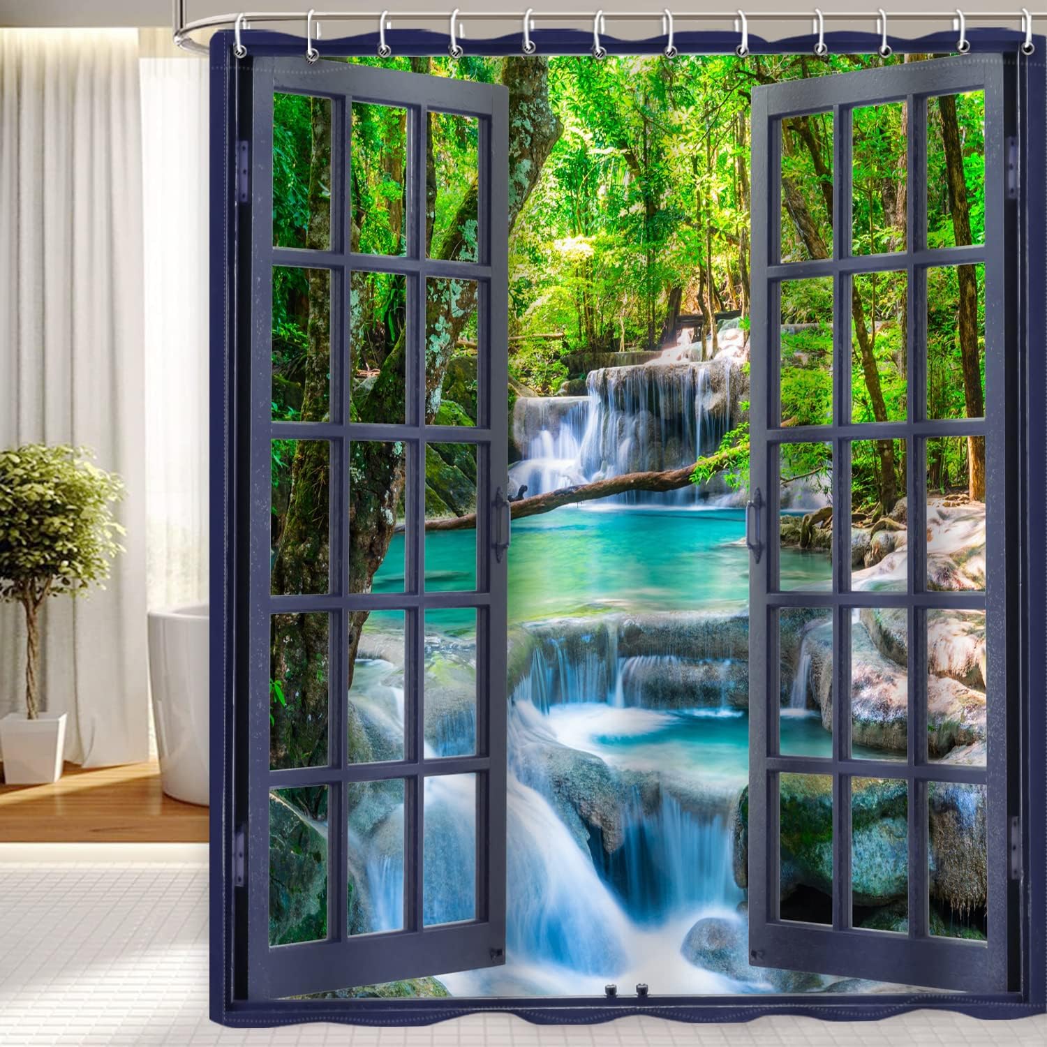 3D Waterfall Landscape Shower Curtain with Scenic Nature View for a Spa-like Shower Experience
