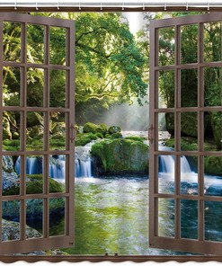 3D Waterfall Shower Curtain with Forest Green Trees and Stone for Natural Bathroom Decor