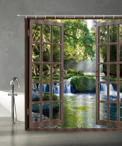 3D Waterfall Shower Curtain with Forest Green Trees and Stone for Natural Bathroom Decor