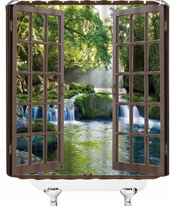 3D Waterfall Shower Curtain with Forest Green Trees and Stone for Natural Bathroom Decor