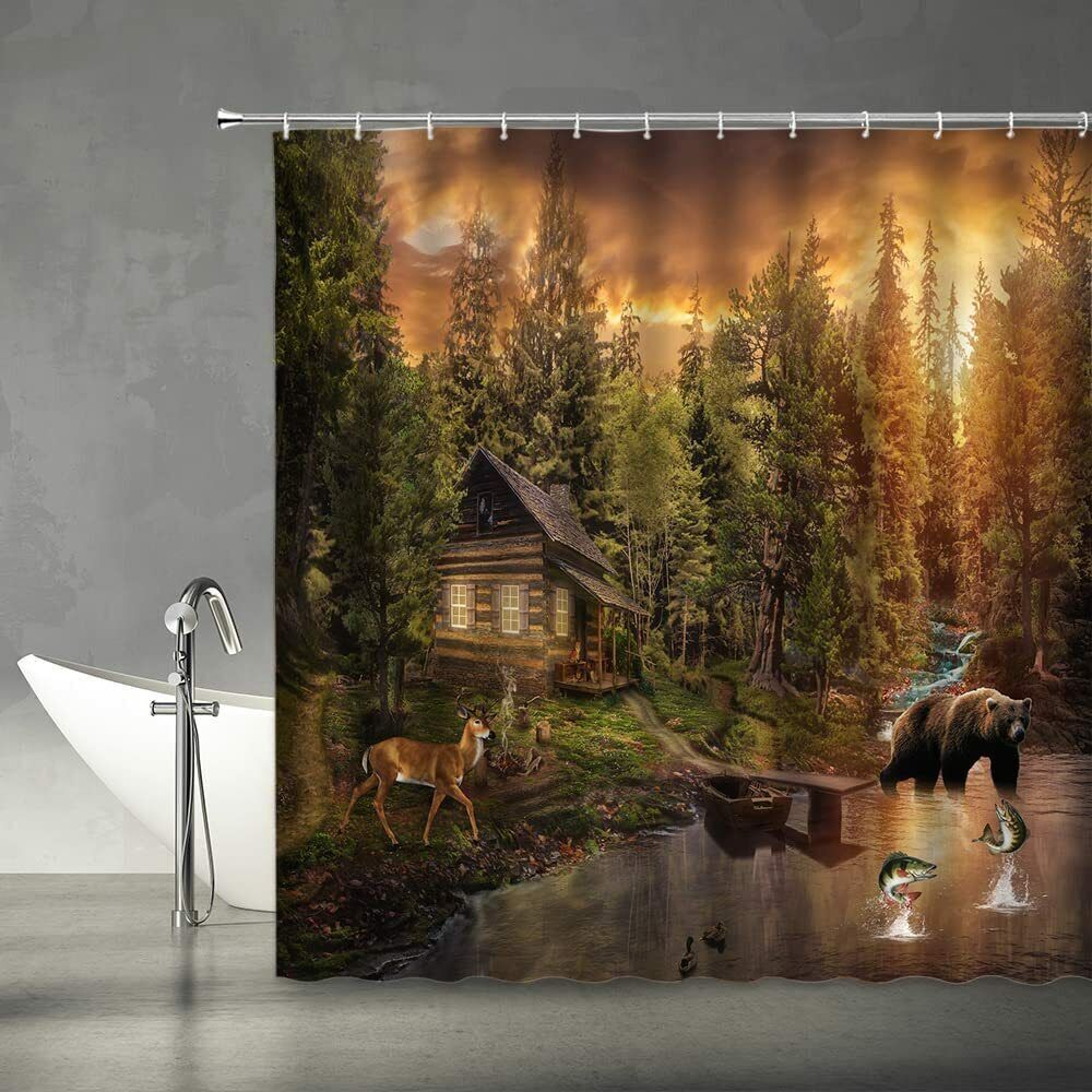 3D Wild Forest Bear Deer River Animal Bathroom Shower Curtain For A Wilderness Bathroom
