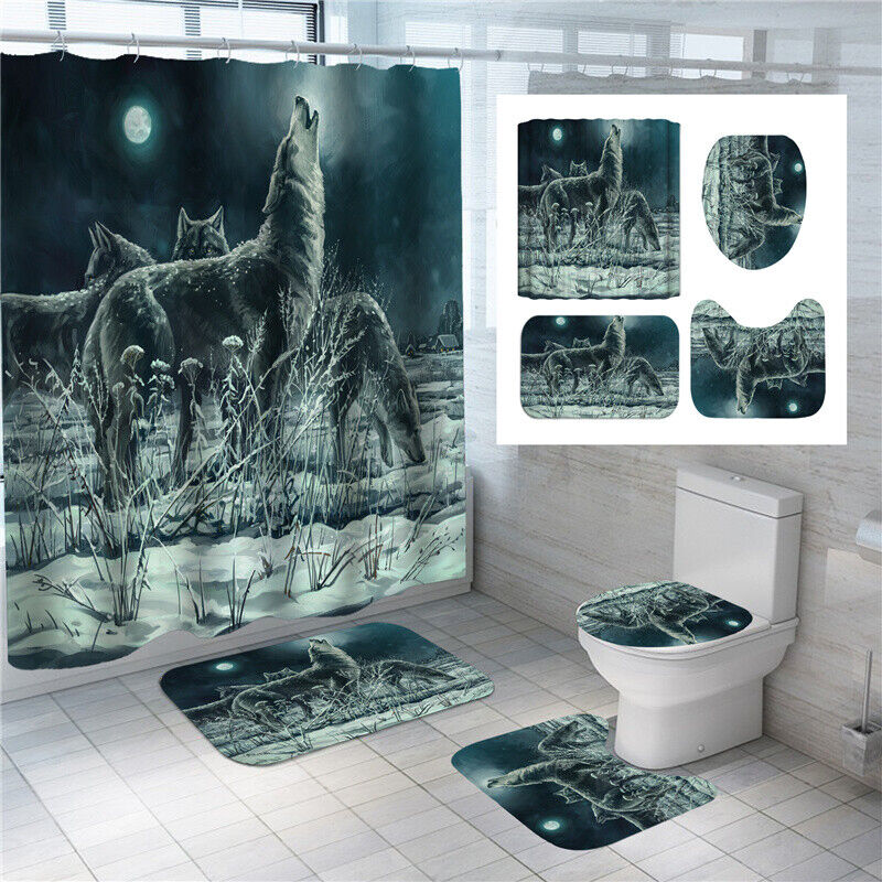 3D Wolf Moon Waterproof Shower Curtain With Animal Art