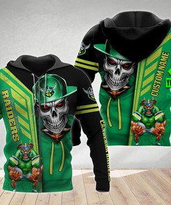 3D Zip Up Hoodie With Custom Name And Skull Cap - Canberra Raiders Nrl Gifts Team