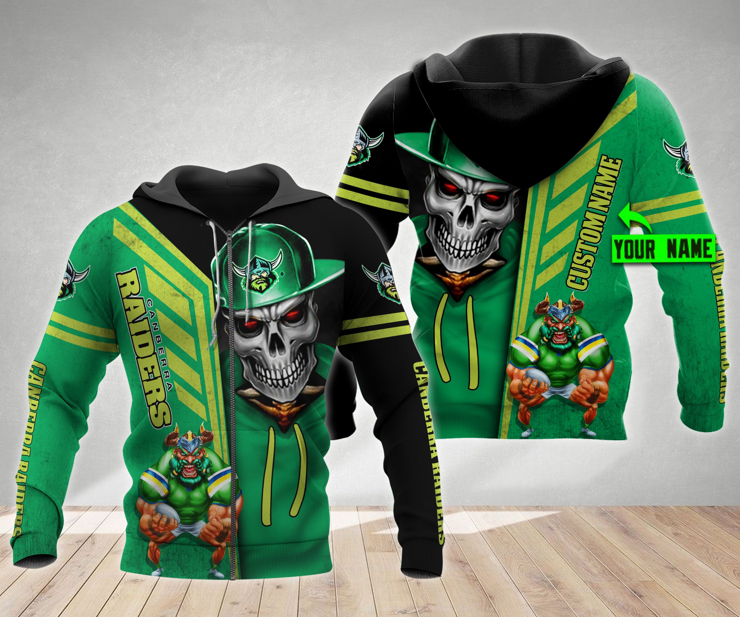 3D Zip Up Hoodie With Custom Name And Skull Cap - Canberra Raiders Nrl Gifts Team