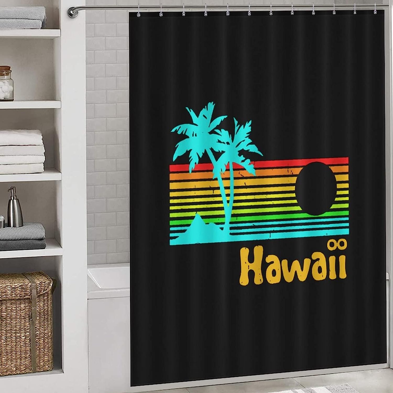 80S Retro Vintage Hawaii Print Fabric Bathroom Shower Curtain Home Decoration - Image 3