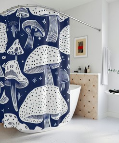 90s Retro Mushroom Hearts Flowers Personalized Shower Curtain, Unique Aesthetic Spring Dorm Decor