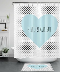 A Beautiful Blue Heart Shower Curtain With Black Spots For A Lovely Touch In Your Bathroom