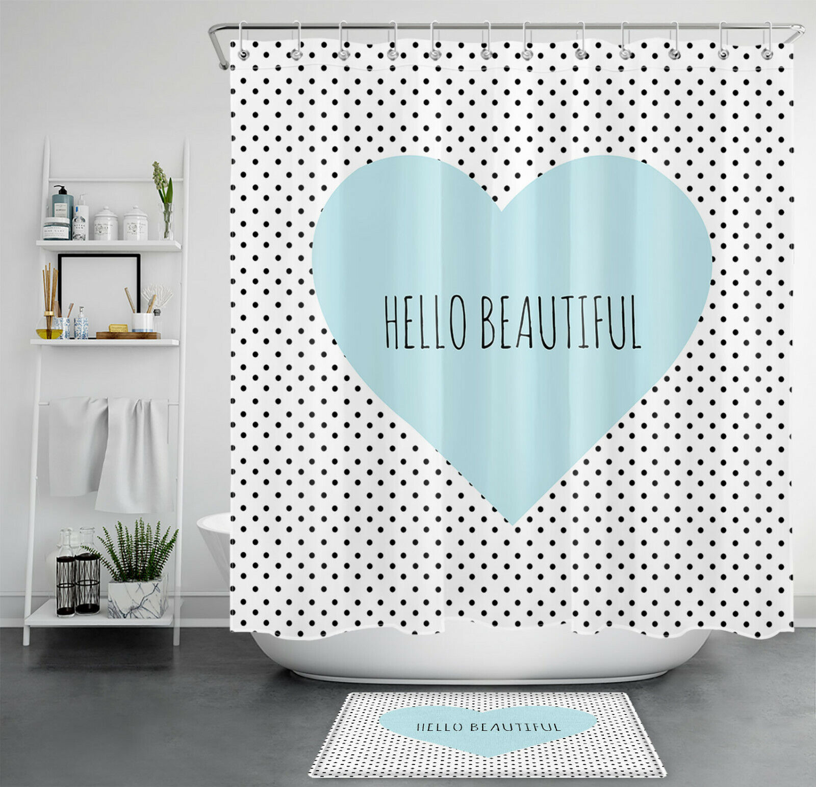 A Beautiful Blue Heart Shower Curtain With Black Spots For A Lovely Touch In Your Bathroom