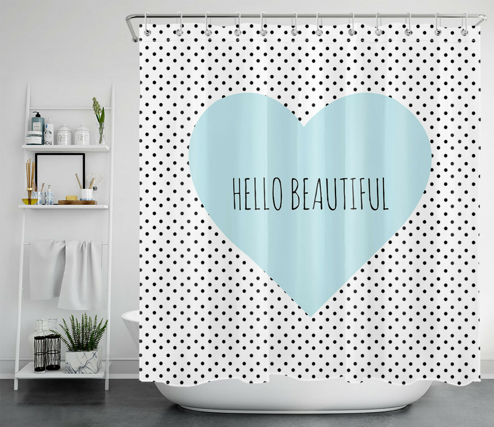 A Beautiful Blue Heart Shower Curtain With Black Spots For A Lovely Touch In Your Bathroom