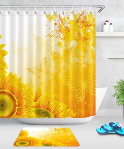 A Beautiful Sunflower Blossom Shower Curtain with A Yellow Butterfly to Make Your Bathroom Bloom