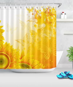 A Beautiful Sunflower Blossom Shower Curtain with A Yellow Butterfly to Make Your Bathroom Bloom