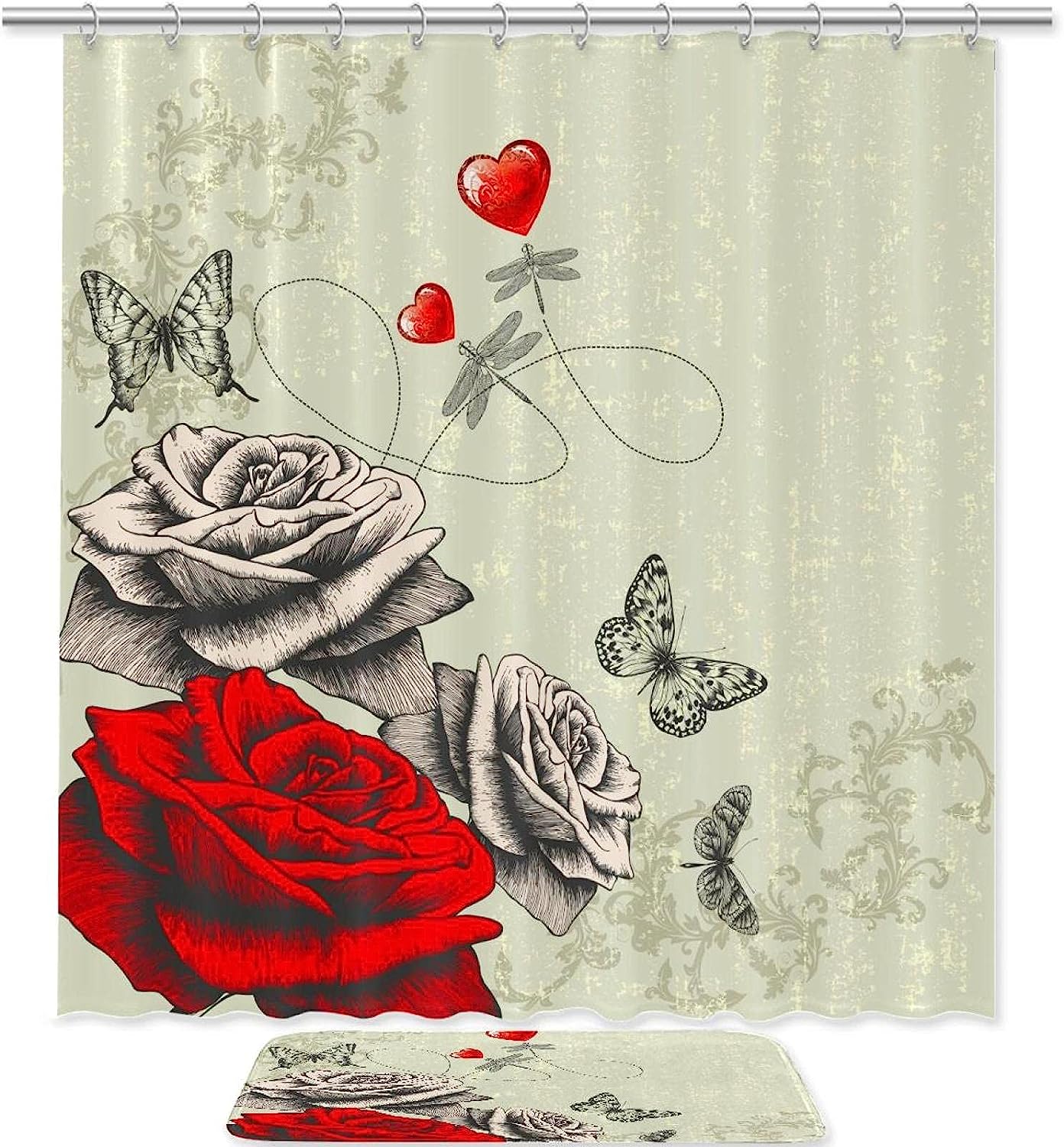 A Charming and Beautiful Roses Butterflies Dragonflies Shower Curtain