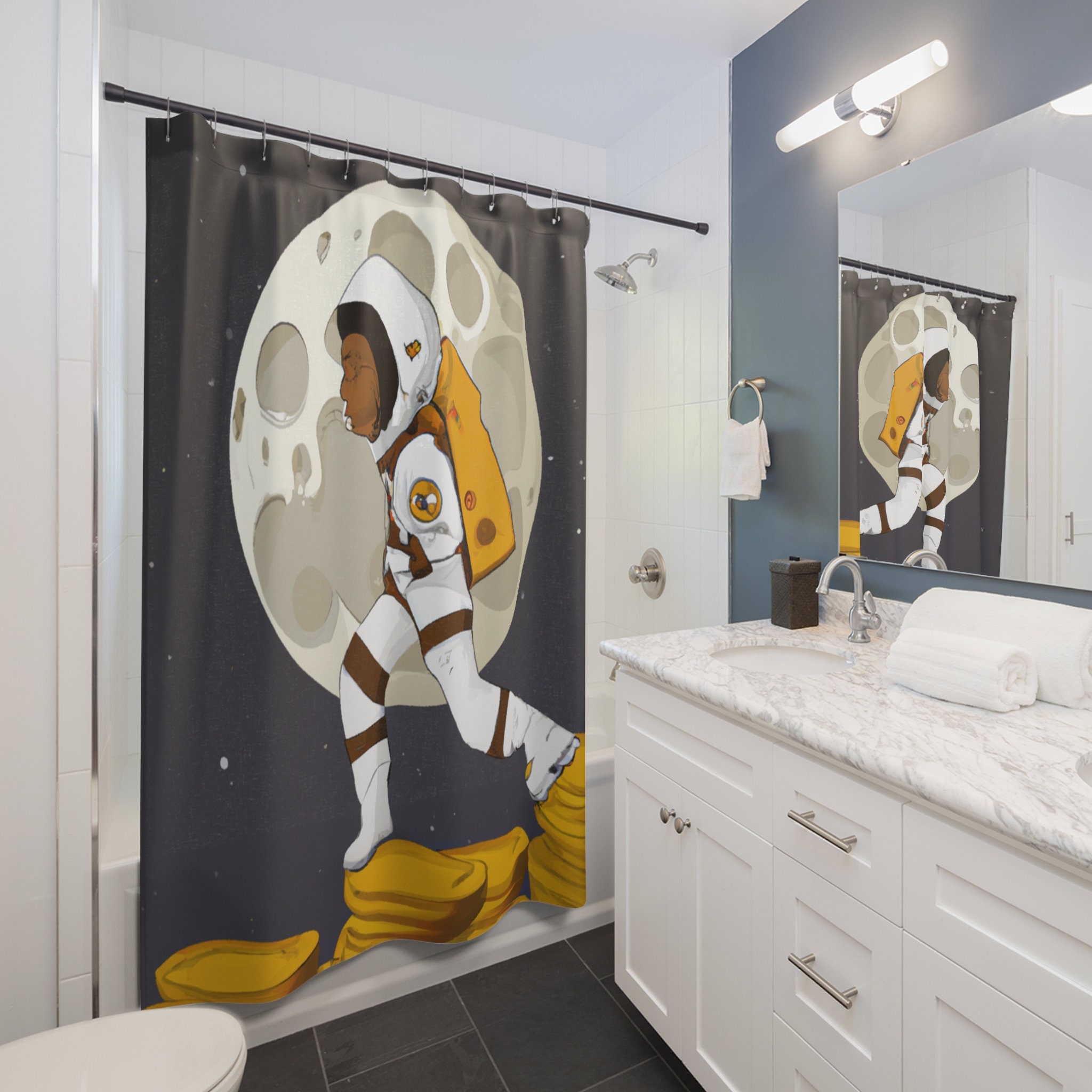 A Shower Curtain with a Moon and Money Print: Keep Everything Positive and Money-Focused