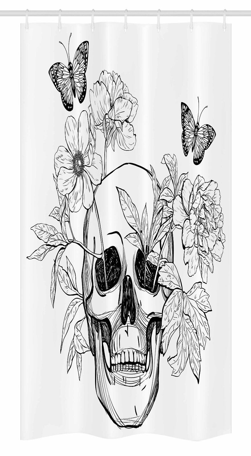 A Stunning Addition To Your Bathroom - Floral Stall Shower Curtain With Skulls And Butterflies Print