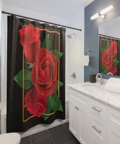 A Stunning and Elegant Roses in Gold Frame Black Shower Curtain