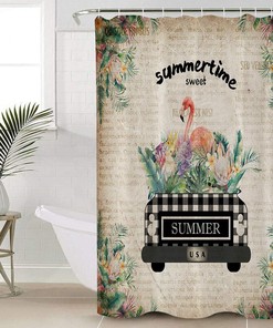 A Truck with Flamingo and Palm Leaves Restroom Shower Curtain for Bathroom