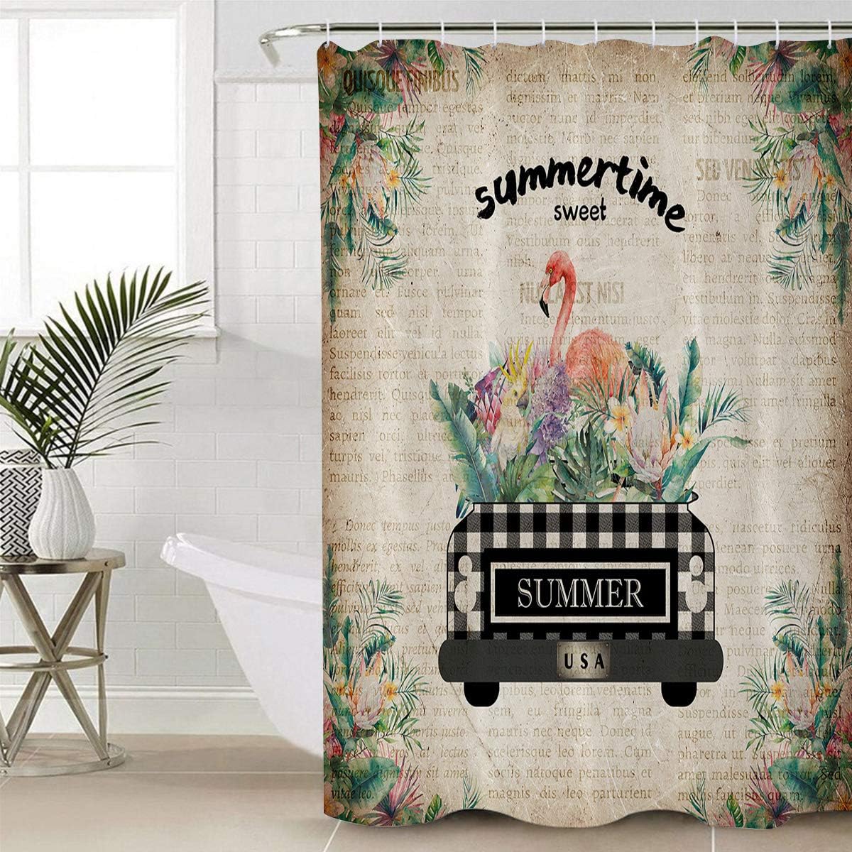 A Truck with Flamingo and Palm Leaves Restroom Shower Curtain for Bathroom