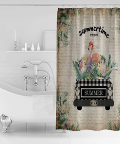 A Truck with Flamingo and Palm Leaves Restroom Shower Curtain for Bathroom