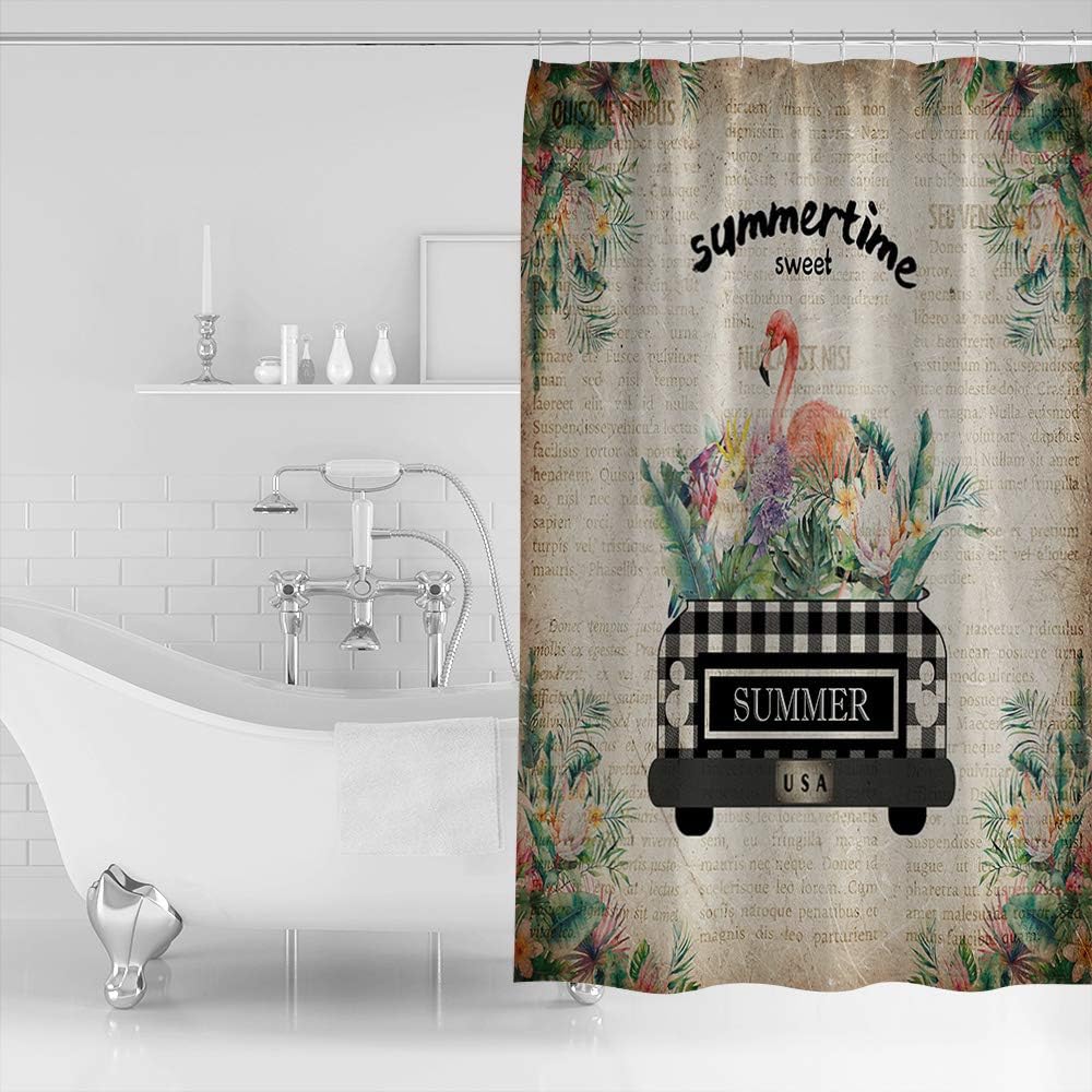 A Truck with Flamingo and Palm Leaves Restroom Shower Curtain for Bathroom