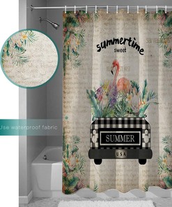 A Truck with Flamingo and Palm Leaves Restroom Shower Curtain for Bathroom