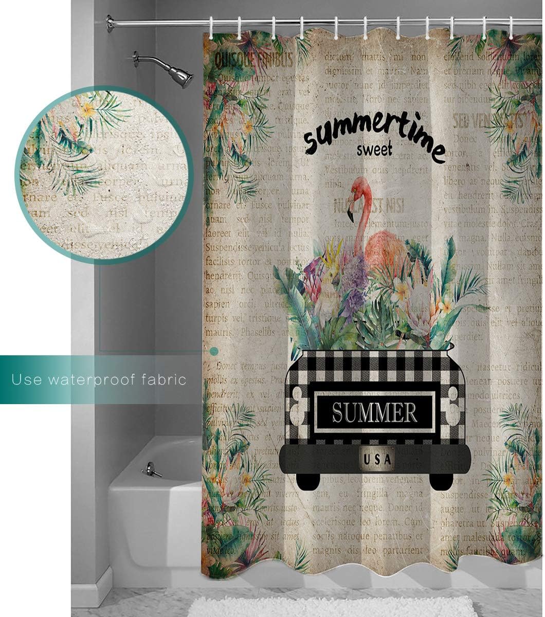 A Truck with Flamingo and Palm Leaves Restroom Shower Curtain for Bathroom