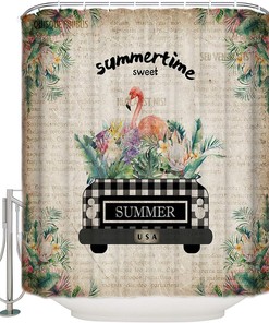 A Truck with Flamingo and Palm Leaves Restroom Shower Curtain for Bathroom