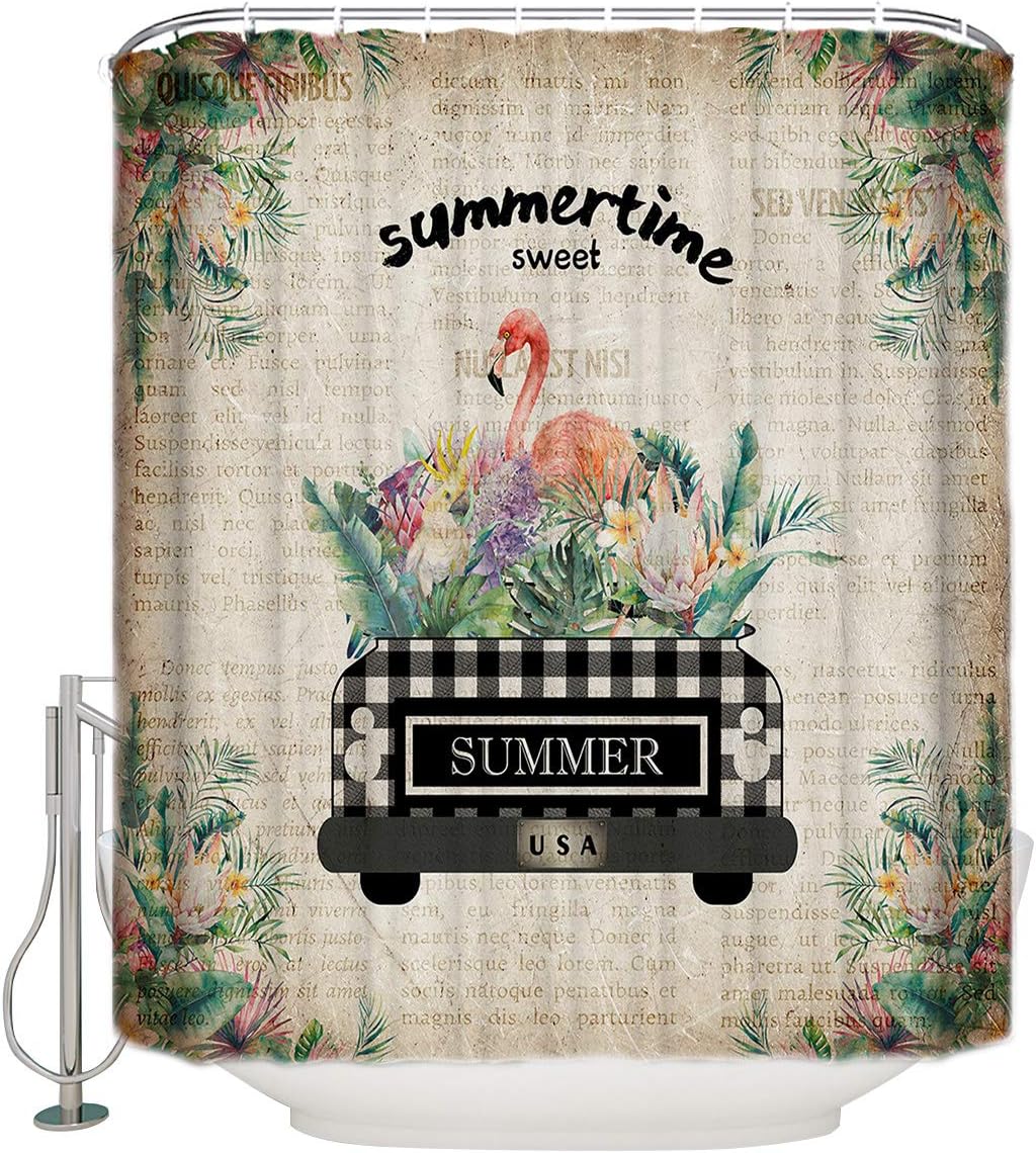 A Truck with Flamingo and Palm Leaves Restroom Shower Curtain for Bathroom