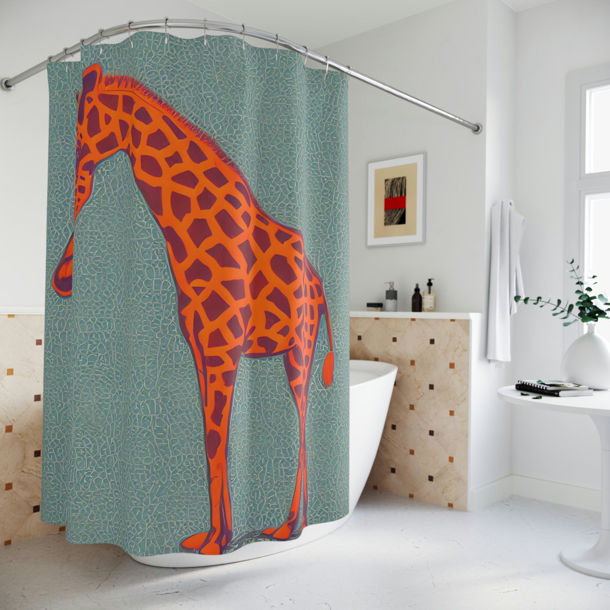 AI Art Design Print Giraffe Orange Shower Curtain for Kids