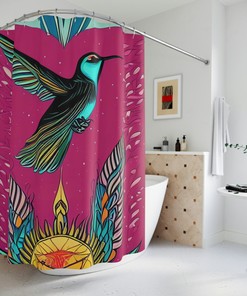 Abstract Ai Art Cosmic Humming Birds Print Shower Curtain For Artsy Bathroom Decor