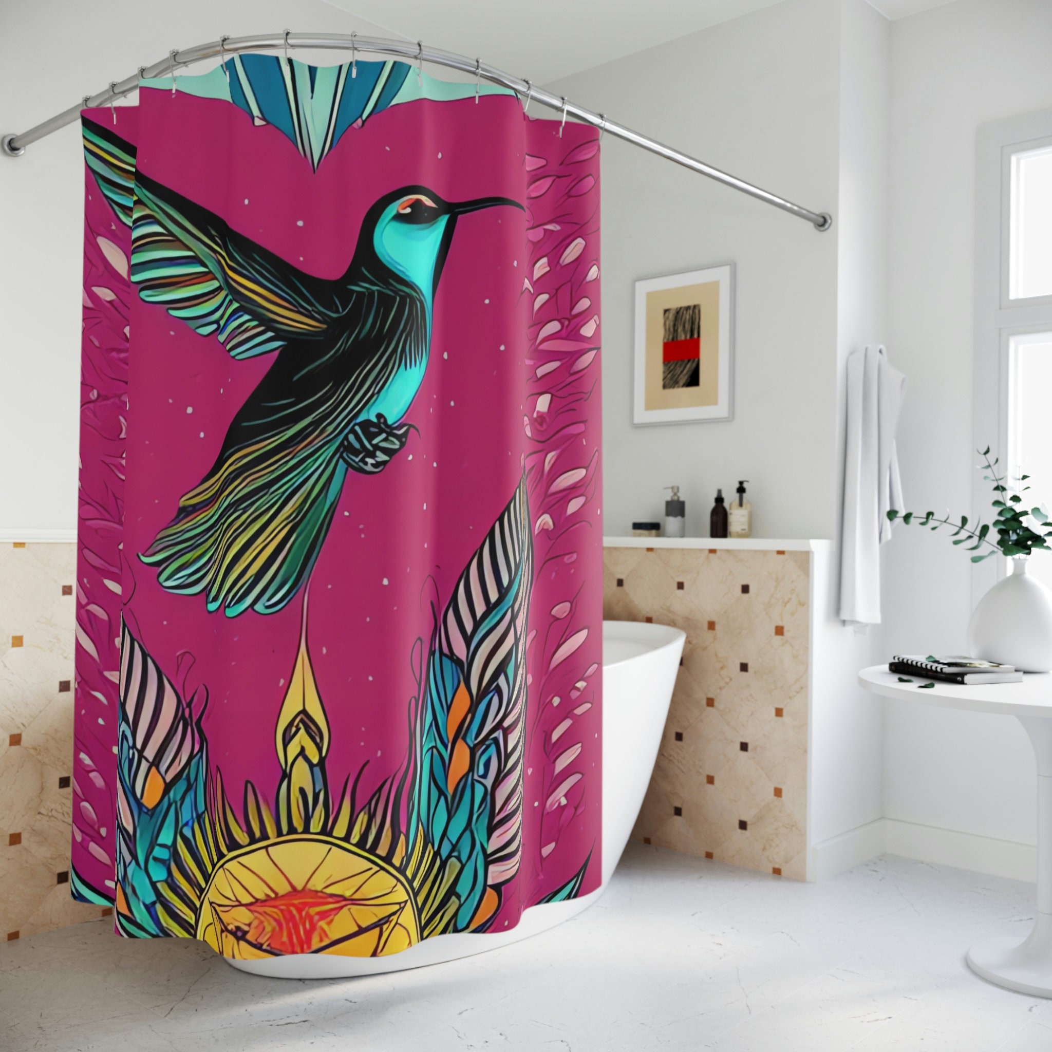 Abstract Ai Art Cosmic Humming Birds Print Shower Curtain For Artsy Bathroom Decor