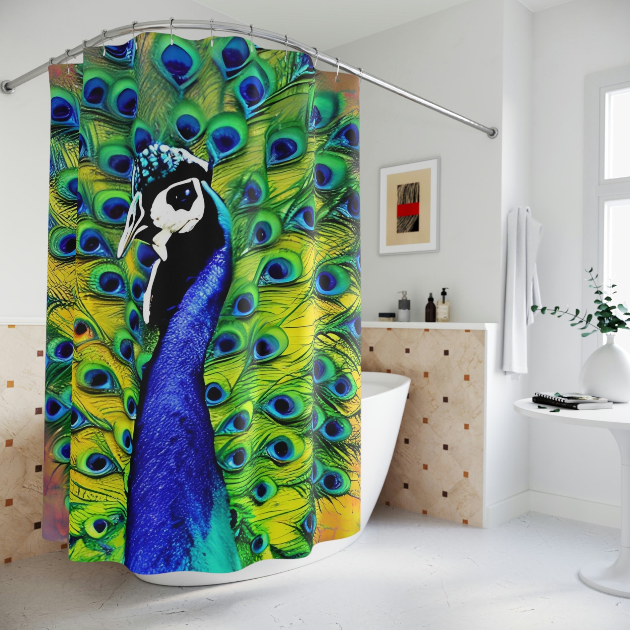 Abstract Ai Art Cosmic Peacock Print Shower Curtain For Modern Bathroom Decor