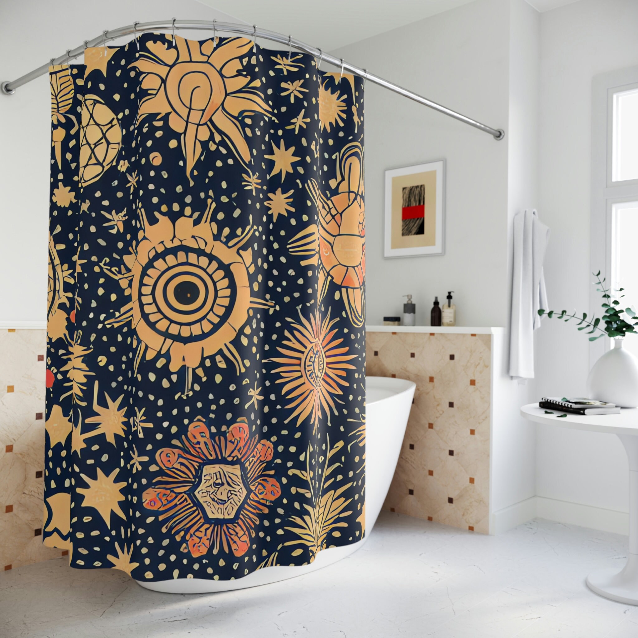 Abstract Ai Art Print Boho Flower Shower Curtain For Modern Bathroom Decor